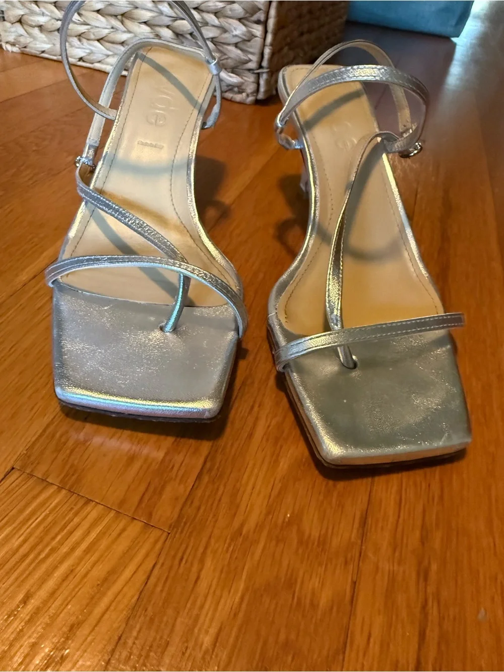 Aeyde Elise Silver Strappy Mid-Heel Sandals